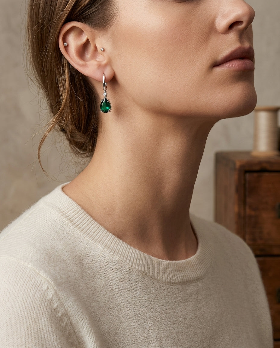 Created Emerald And Diamond Dangle Teardrop Earrings In 14k White Gold — editorial close-up