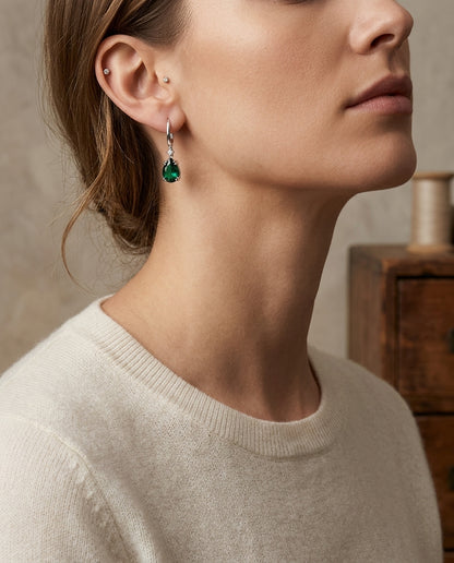 Created Emerald And Diamond Dangle Teardrop Earrings In 14k White Gold — editorial close-up