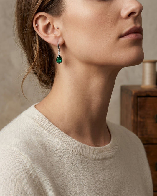 Created Emerald And Diamond Dangle Teardrop Earrings In 14k White Gold — editorial close-up