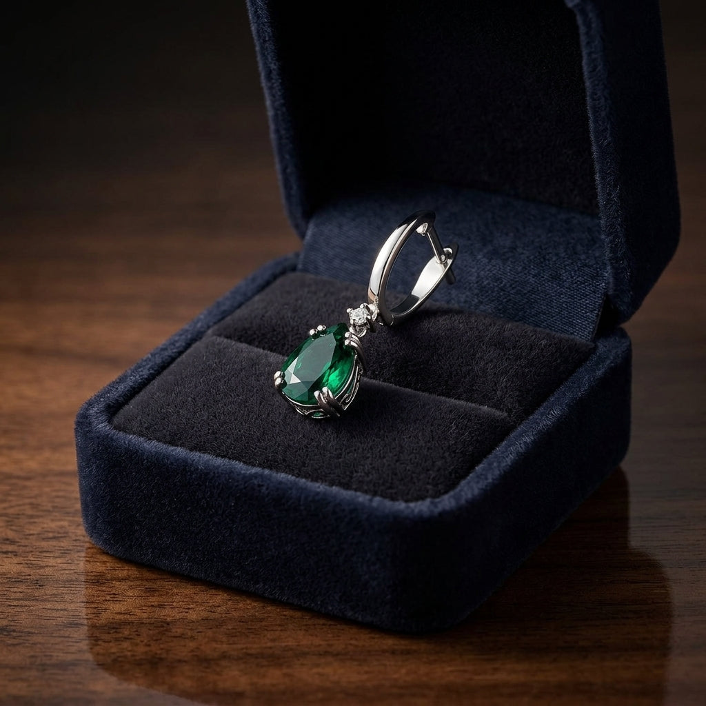 Created Emerald And Diamond Dangle Teardrop Earrings In 14k White Gold — gift presentation