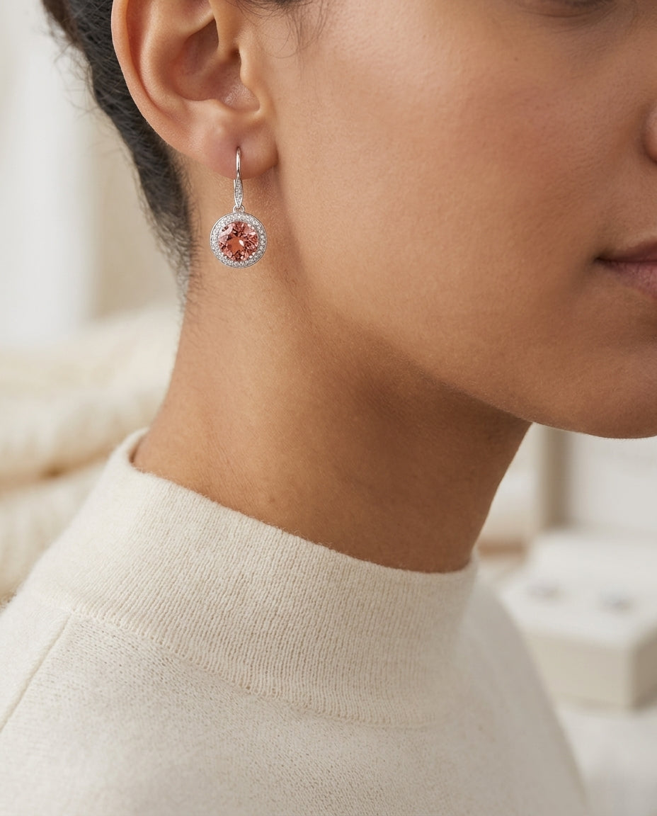 Garnet And Diamond Halo Leverback Earrings In 14k White Gold — editorial close-up