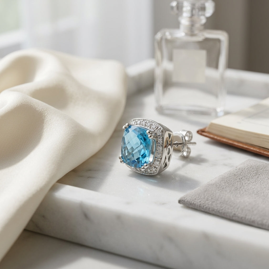 Swiss Blue Topaz Cushion Cut And Diamond Earrings In 14k White Gold — atelier still life