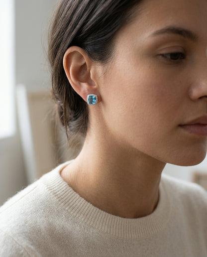 Swiss Blue Topaz Cushion Cut And Diamond Earrings In 14k White Gold — editorial close-up