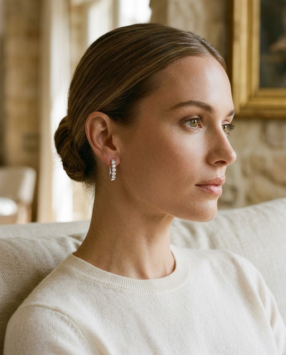 Diamond Hinged Oval Hoop Earrings in 14k White Gold 3/4ctw — portrait close