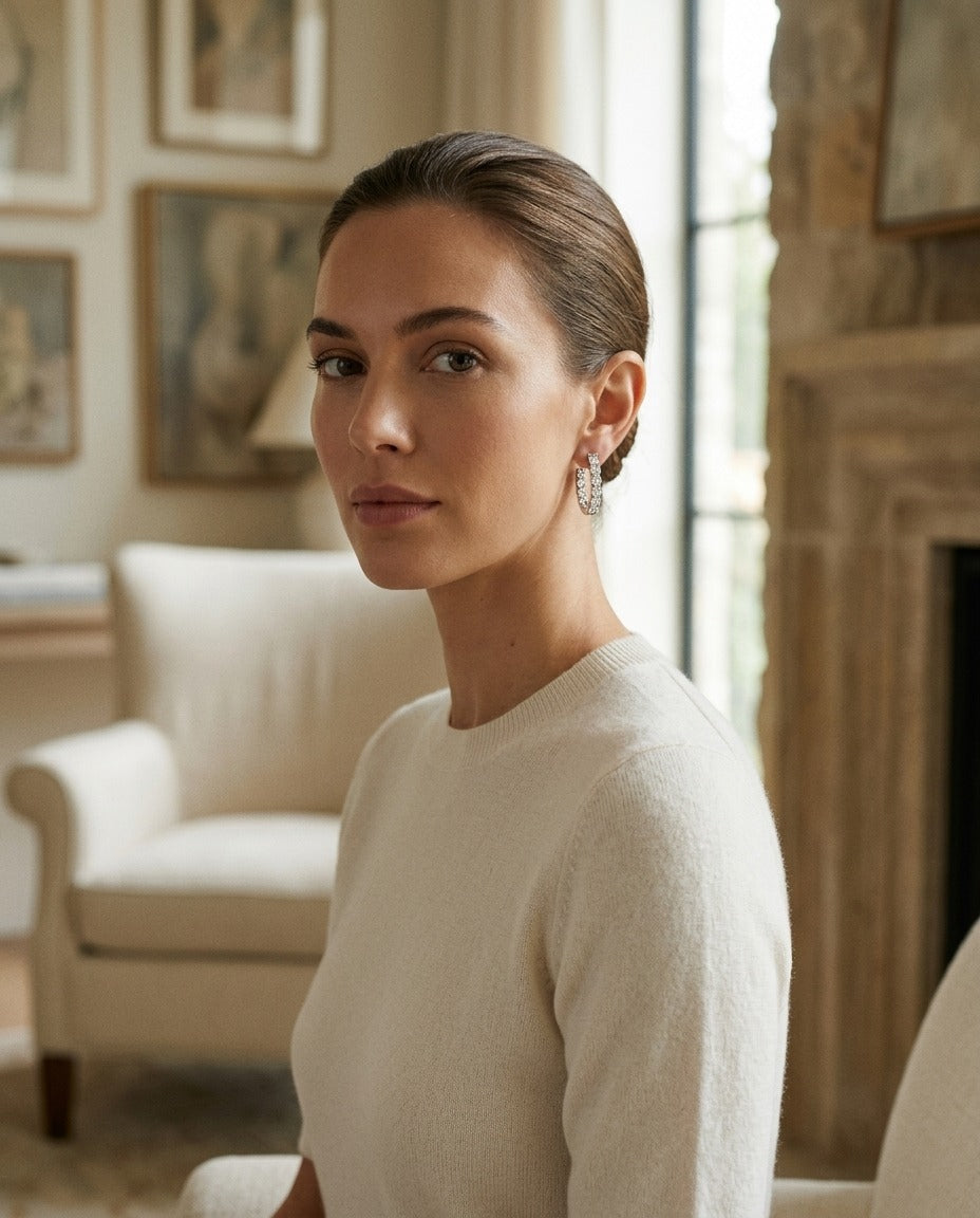 Diamond Hinged Oval Hoop Earrings in 14k White Gold 3/4ctw — portrait full