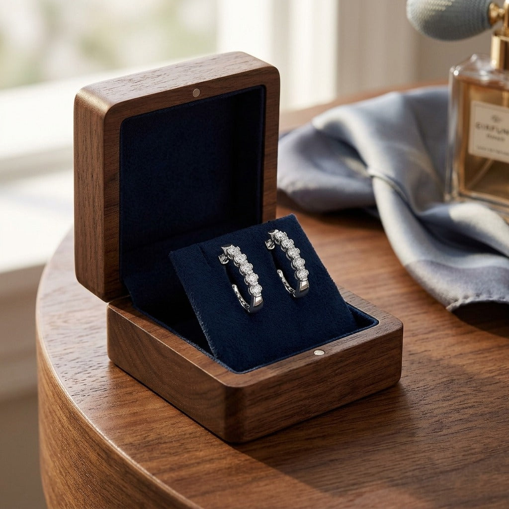 Diamond Hinged Oval Hoop Earrings in 14k White Gold 3/4ctw — velvet box