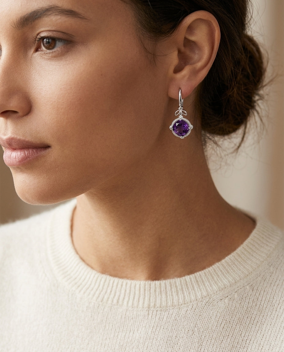 Amethyst And Diamond Leaf Drop Earrings In 14k White Gold — editorial close-up