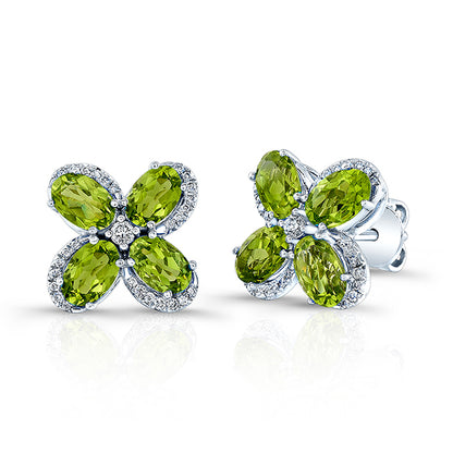 Peridot And Diamond Earrings In 14k White Gold