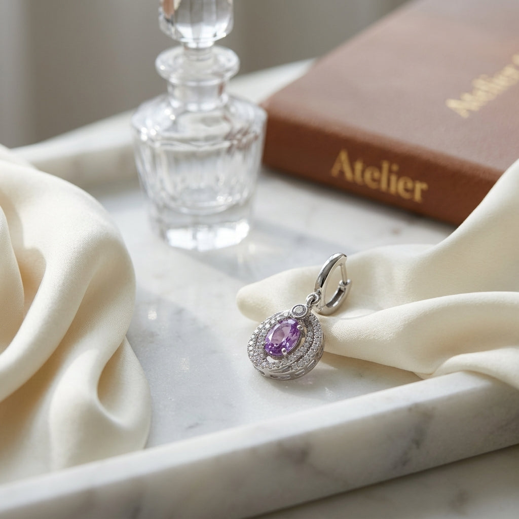 Amethyst Oval & Diamond Earrings In 14k White Gold — atelier still life