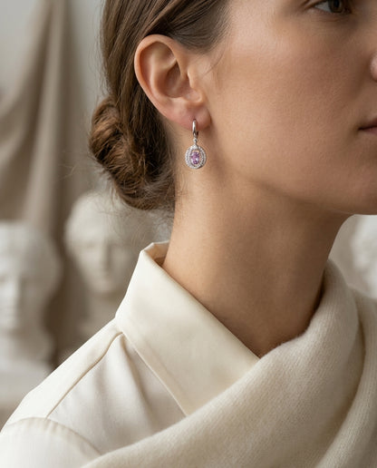 Amethyst Oval & Diamond Earrings In 14k White Gold — editorial close-up