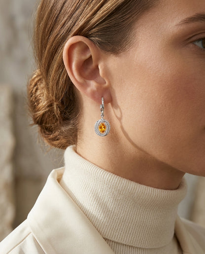 Oval Citrine & Diamond Earrings In 14k White Gold — editorial close-up