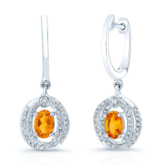 Oval Citrine & Diamond Earrings In 14k White Gold
