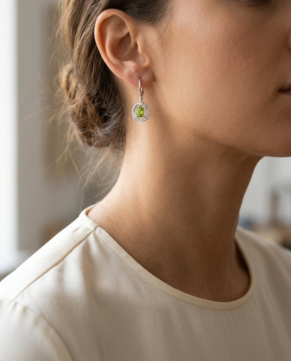 Peridot Oval & Diamond Earrings In 14k White Gold — editorial close-up