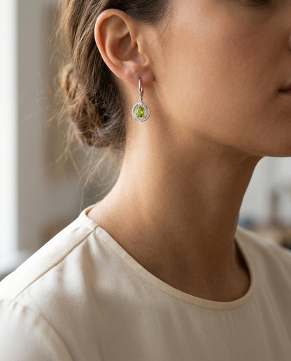 Peridot Oval & Diamond Earrings In 14k White Gold — editorial close-up