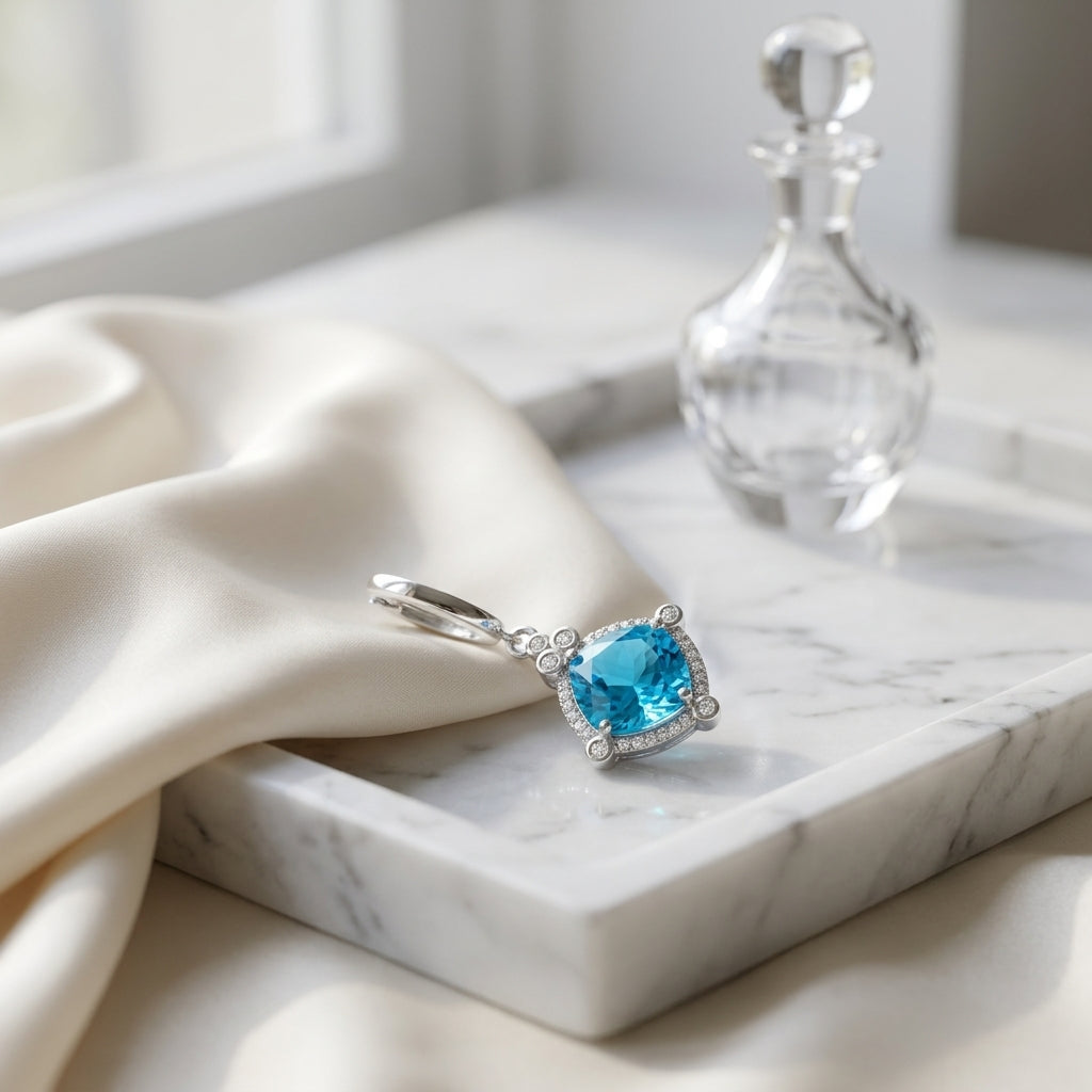 Blue Topaz Cushion Dangle Earrings In 14k White Gold — atelier still life