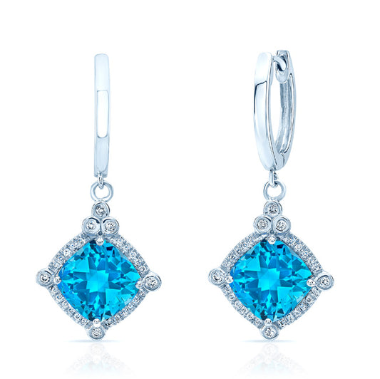 Blue Topaz Cushion Dangle Earrings In 14k White Gold