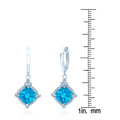 Blue Topaz Cushion Dangle Earrings In 14k White Gold