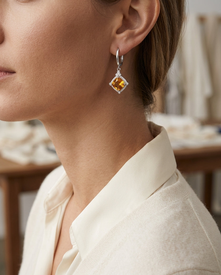 Citrine Cushion And Diamond Drop Earrings In 14k White Gold — editorial close-up