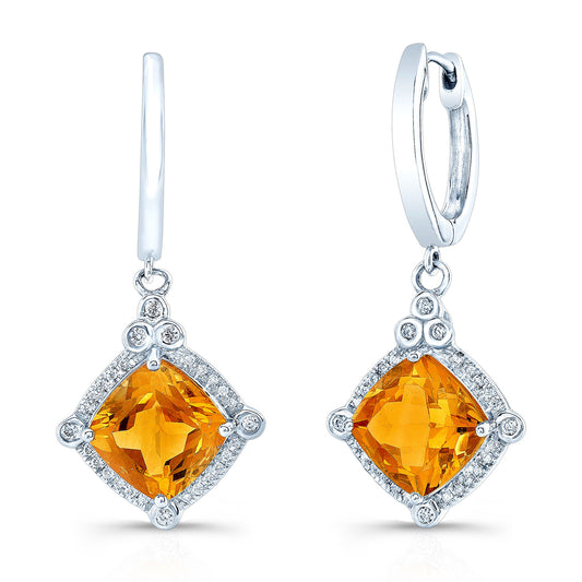 Citrine Cushion And Diamond Drop Earrings In 14k White Gold