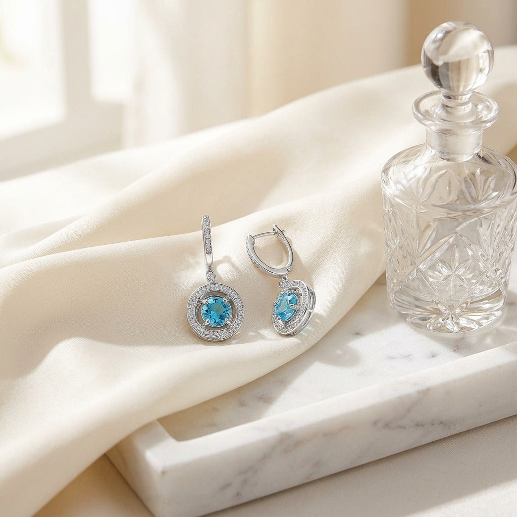 Blue Topaz and Diamond Swirl Dangling Earrings in 14k White Gold (6mm) — marble silk