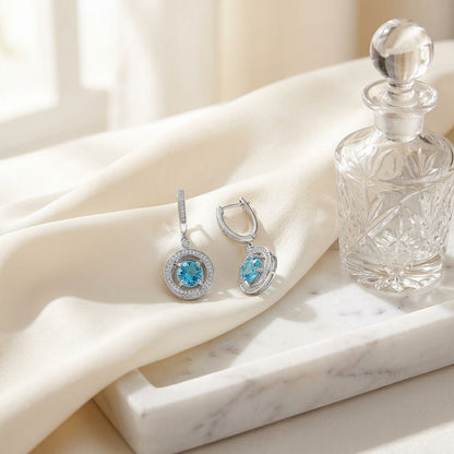 Blue Topaz and Diamond Swirl Dangling Earrings in 14k White Gold (6mm) — marble silk
