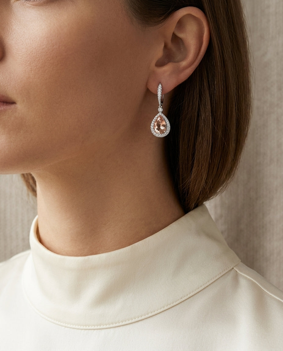 Morganite And Diamond Earrings In 14k White Gold (1/3 Ct. Tw.) — editorial close-up