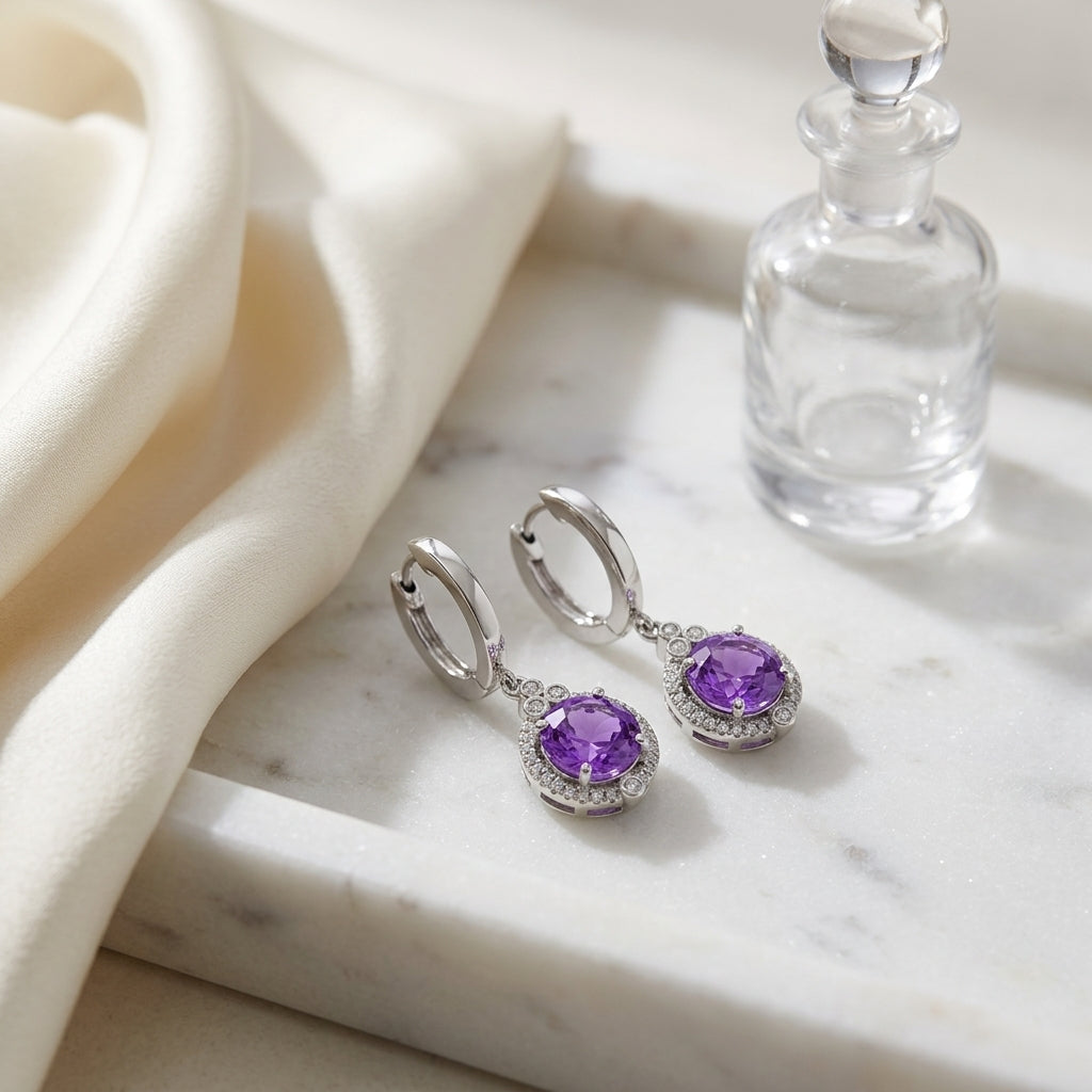 Amethyst Round & Diamond Dangle Earrings In 14k White Gold — atelier still life