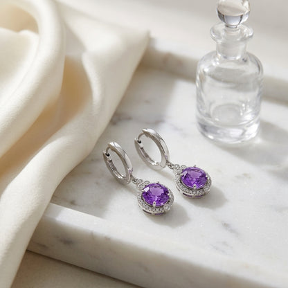 Amethyst Round & Diamond Dangle Earrings In 14k White Gold — atelier still life