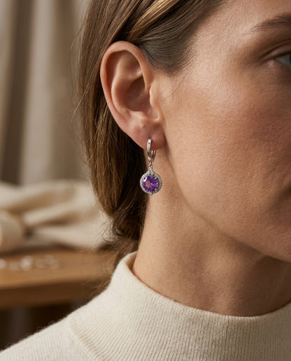 Amethyst Round & Diamond Dangle Earrings In 14k White Gold — editorial close-up