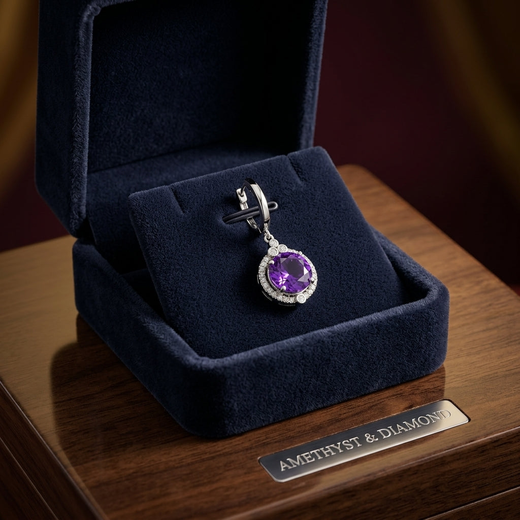 Amethyst Round & Diamond Dangle Earrings In 14k White Gold — gift presentation