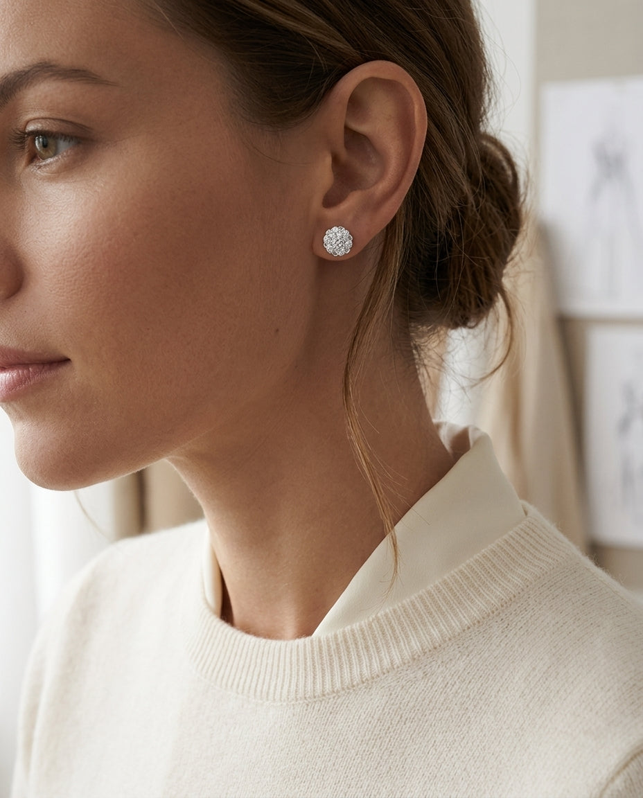 Diamond Cluster Stud Earrings In 14k White Gold (0.75ctw) — editorial close-up