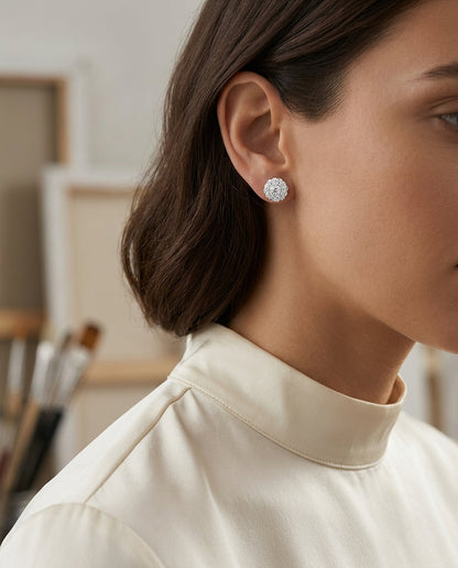 Diamond Cluster Stud Earrings In 14k White Gold 0.75ctw — editorial close-up