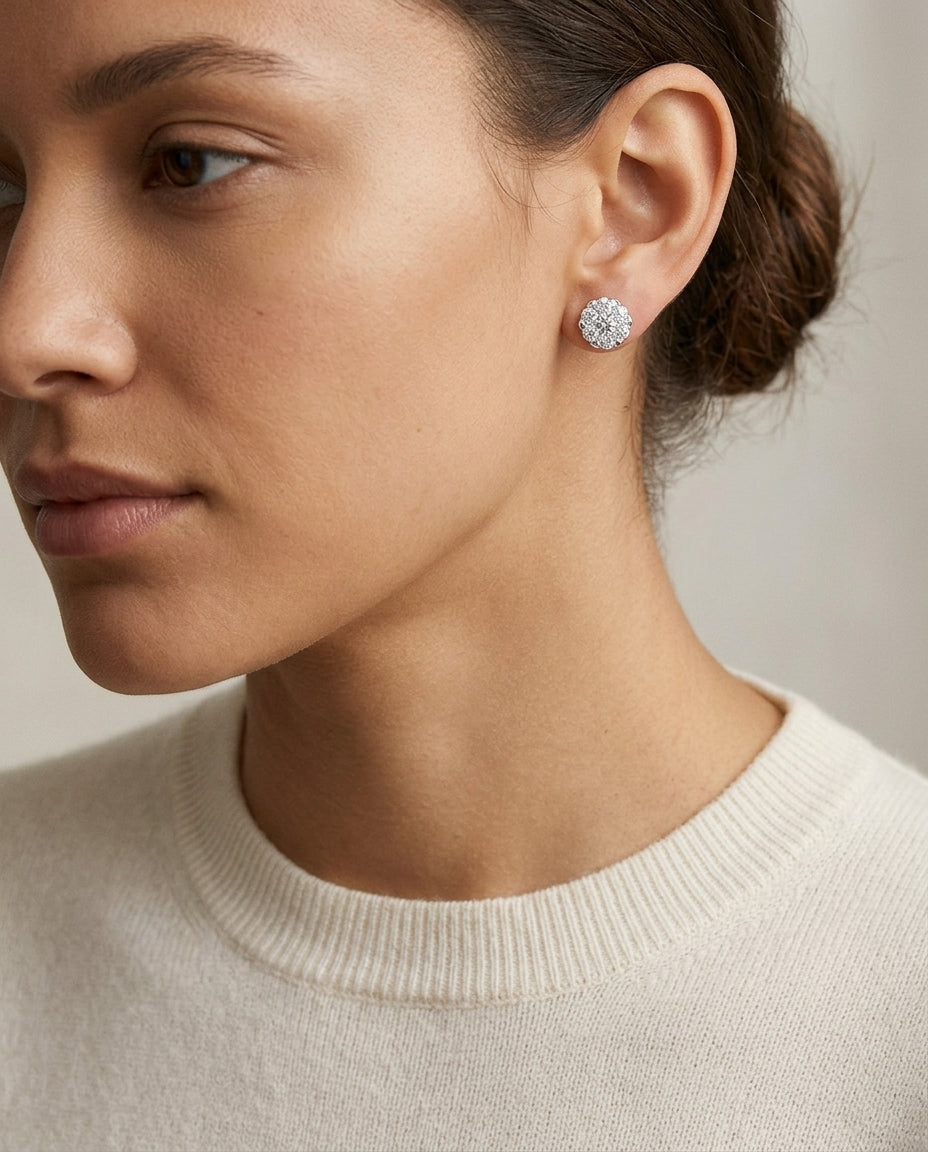 Diamond Cluster Stud Earrings In 14k White Gold 2ctw — editorial close-up