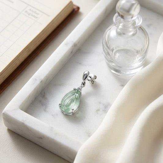 Pear Shape Cabochon Green Quartz And Diamond Earrings In 14k White Gold (16x9mm) — atelier still life