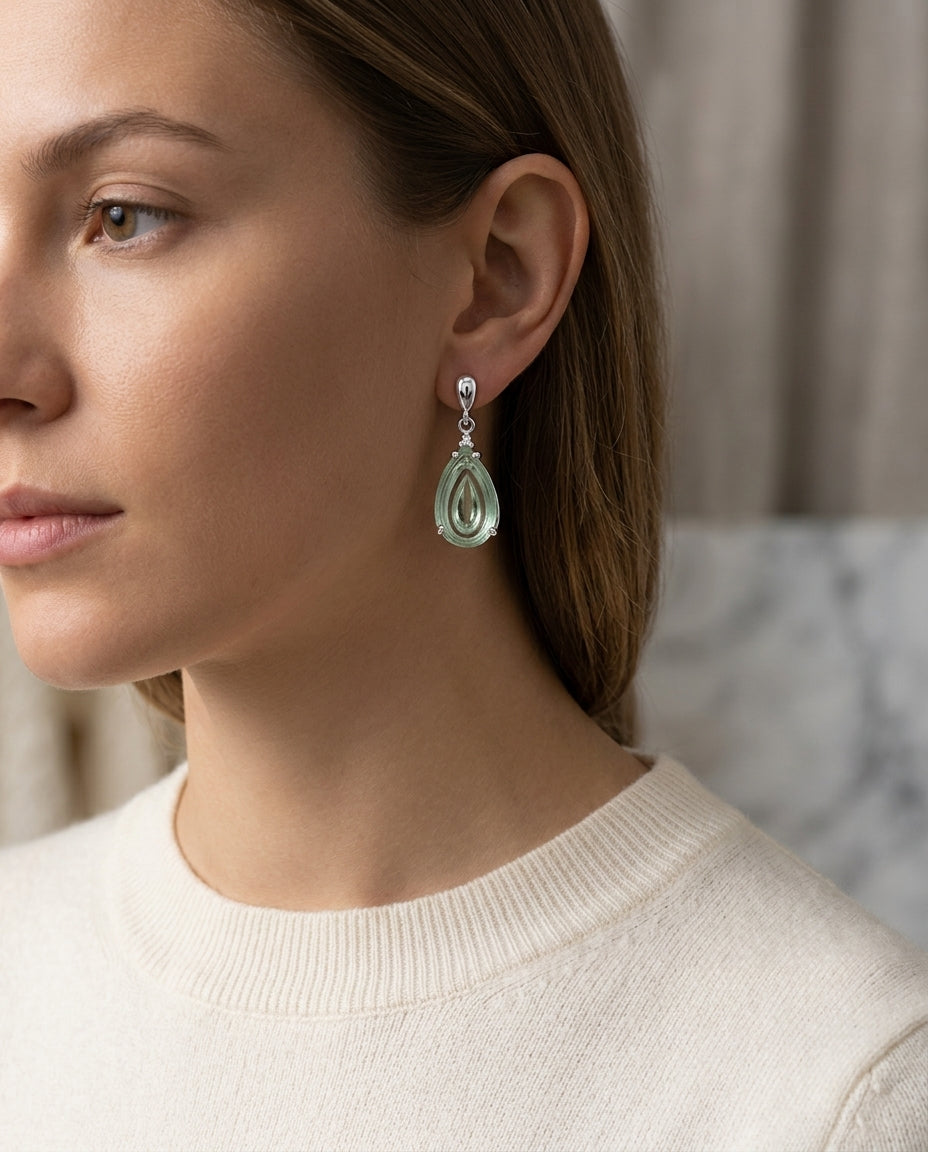 Pear Shape Cabochon Green Quartz And Diamond Earrings In 14k White Gold (16x9mm) — editorial close-up