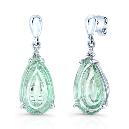 Pear Shape Cabochon Green Quartz And Diamond Earrings In 14k White Gold (16x9mm)