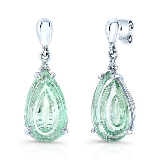 Pear Shape Cabochon Green Quartz And Diamond Earrings In 14k White Gold (16x9mm)