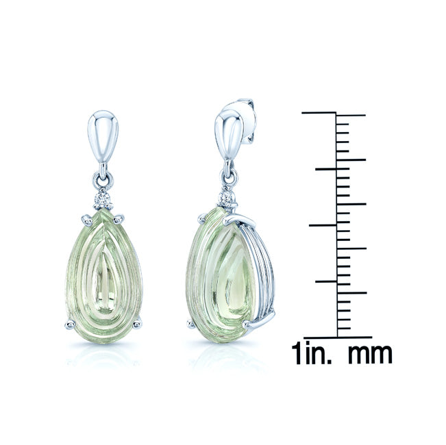Pear Shape Cabochon Green Quartz And Diamond Earrings In 14k White Gold (16x9mm)