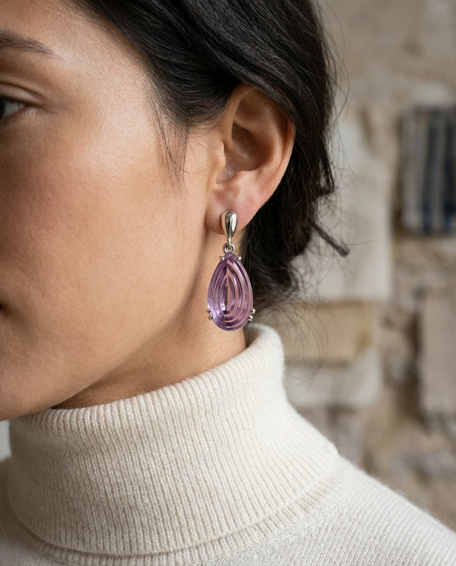 Pear Shape Cabochon Amethyst Earrings In 14k White Gold (16x9mm) — editorial close-up