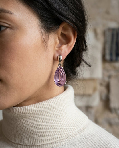Pear Shape Cabochon Amethyst Earrings In 14k White Gold (16x9mm) — editorial close-up