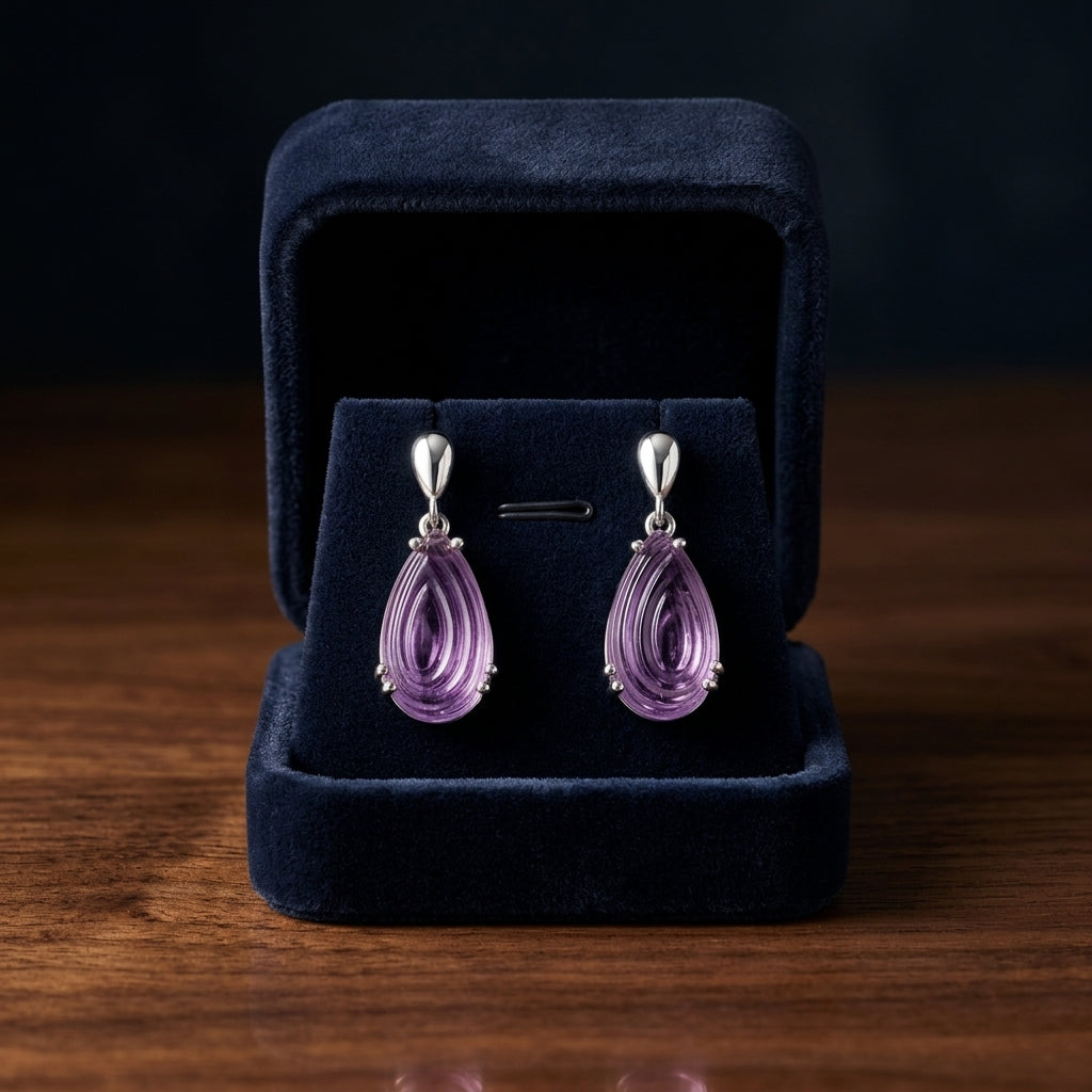Pear Shape Cabochon Amethyst Earrings In 14k White Gold (16x9mm) — gift presentation