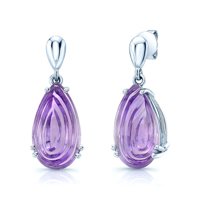 Pear Shape Cabochon Amethyst Earrings In 14k White Gold (16x9mm)