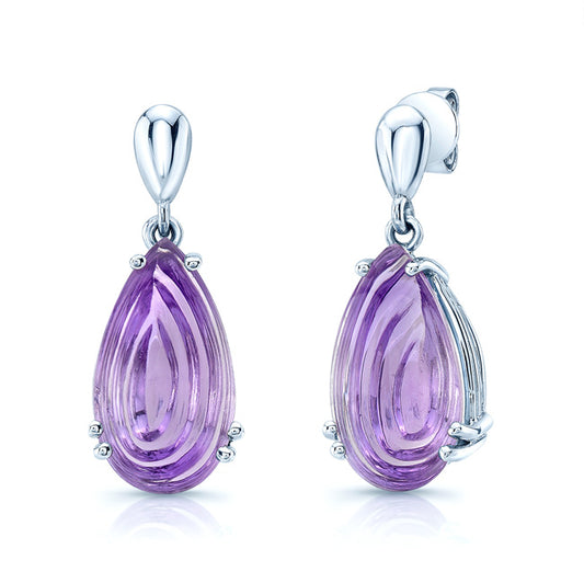Pear Shape Cabochon Amethyst Earrings In 14k White Gold (16x9mm)