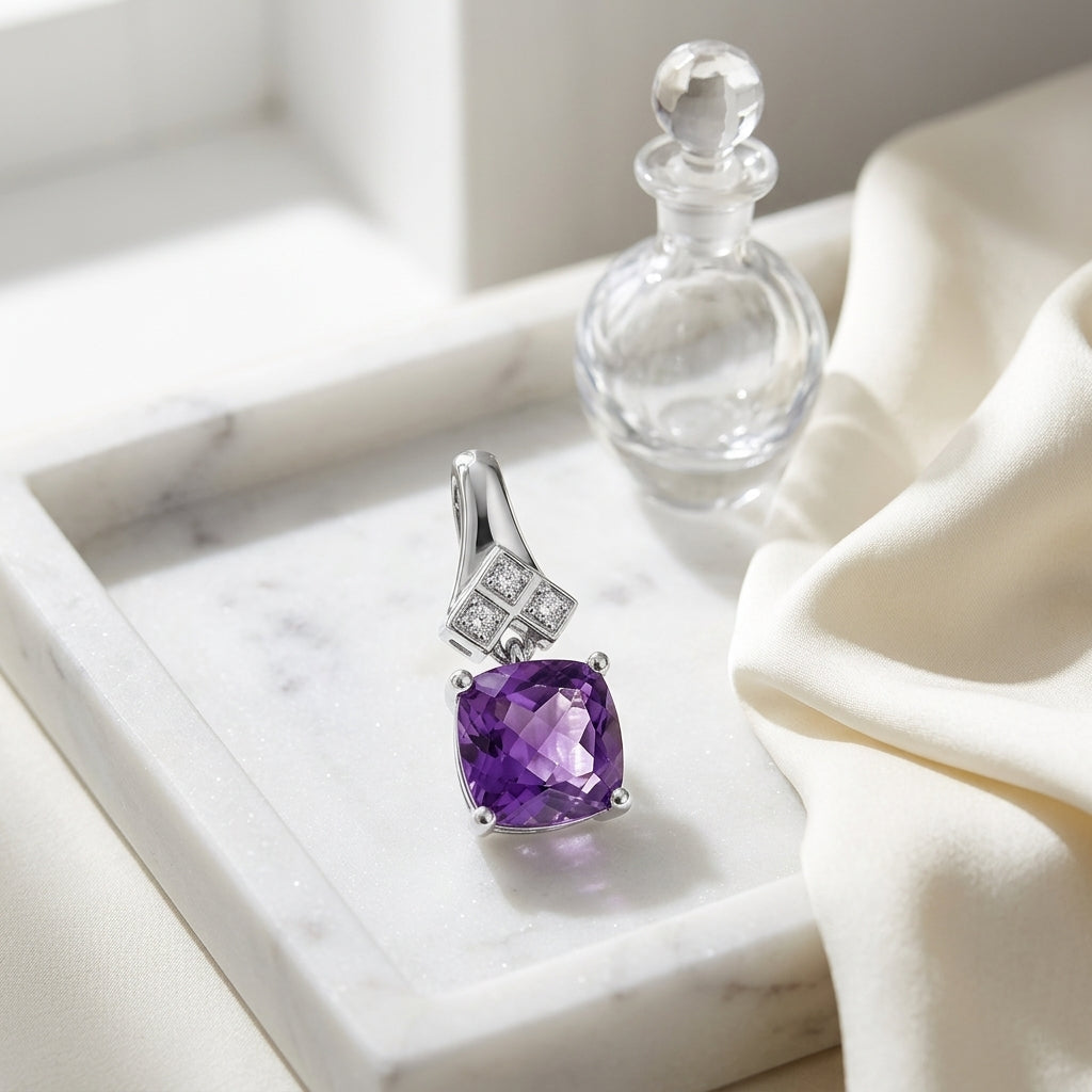 Amethyst Cushion Cut And Diamond Drop Earrings In 14k White Gold — atelier still life