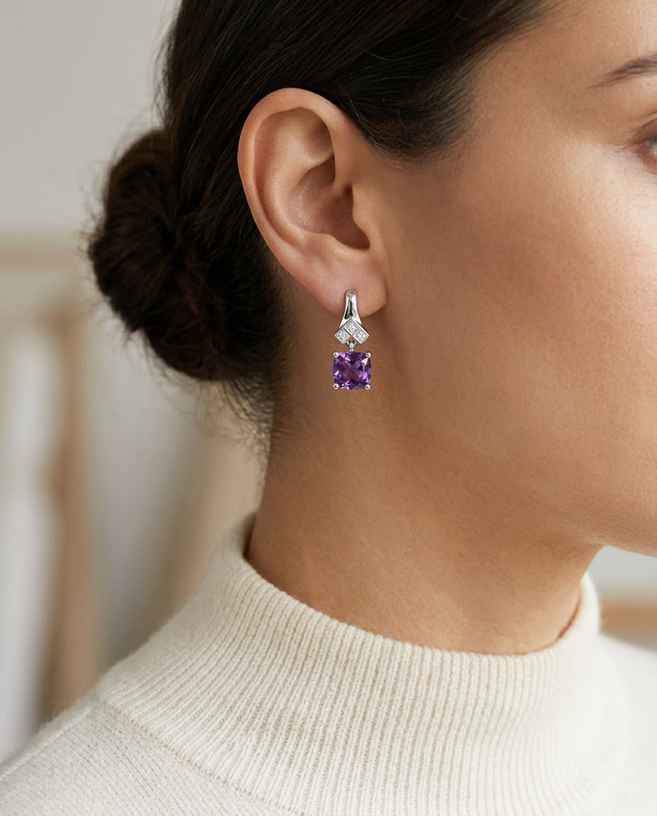 Amethyst Cushion Cut And Diamond Drop Earrings In 14k White Gold — editorial close-up