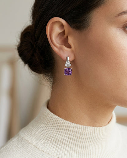 Amethyst Cushion Cut And Diamond Drop Earrings In 14k White Gold — editorial close-up