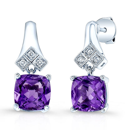 Amethyst Cushion Cut And Diamond Drop Earrings In 14k White Gold