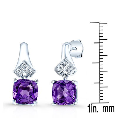Amethyst Cushion Cut And Diamond Drop Earrings In 14k White Gold