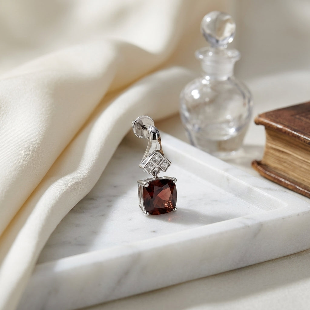 Garnet And Diamond Cushion Drop Earrings In 14k White Gold — atelier still life