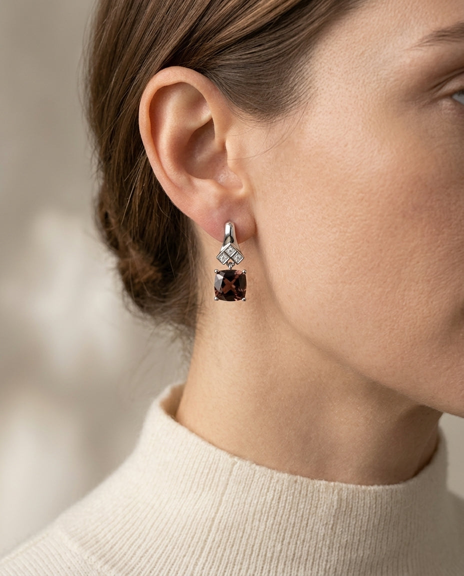 Garnet And Diamond Cushion Drop Earrings In 14k White Gold — editorial close-up